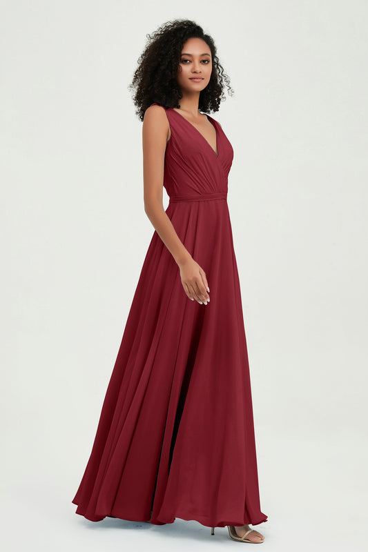 V Neck Chiffon A Line Bridesmaid Dress with Belt Formal Evening Dresses Prom Party Gons