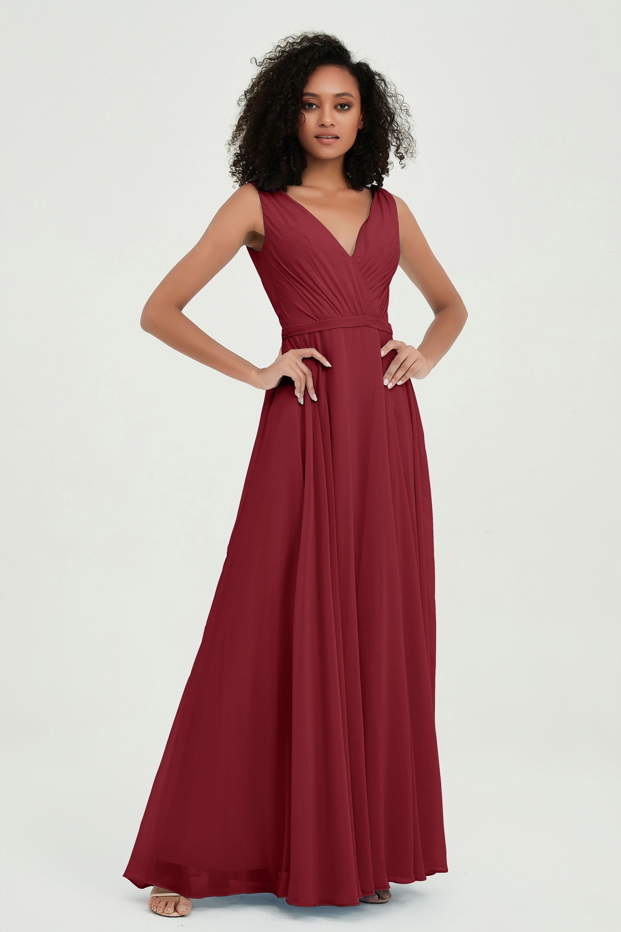 V Neck Chiffon A Line Bridesmaid Dress with Belt Formal Evening Dresses Prom Party Gons