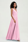V Neck Chiffon A Line Bridesmaid Dress with Belt Formal Evening Dresses Prom Party Gons