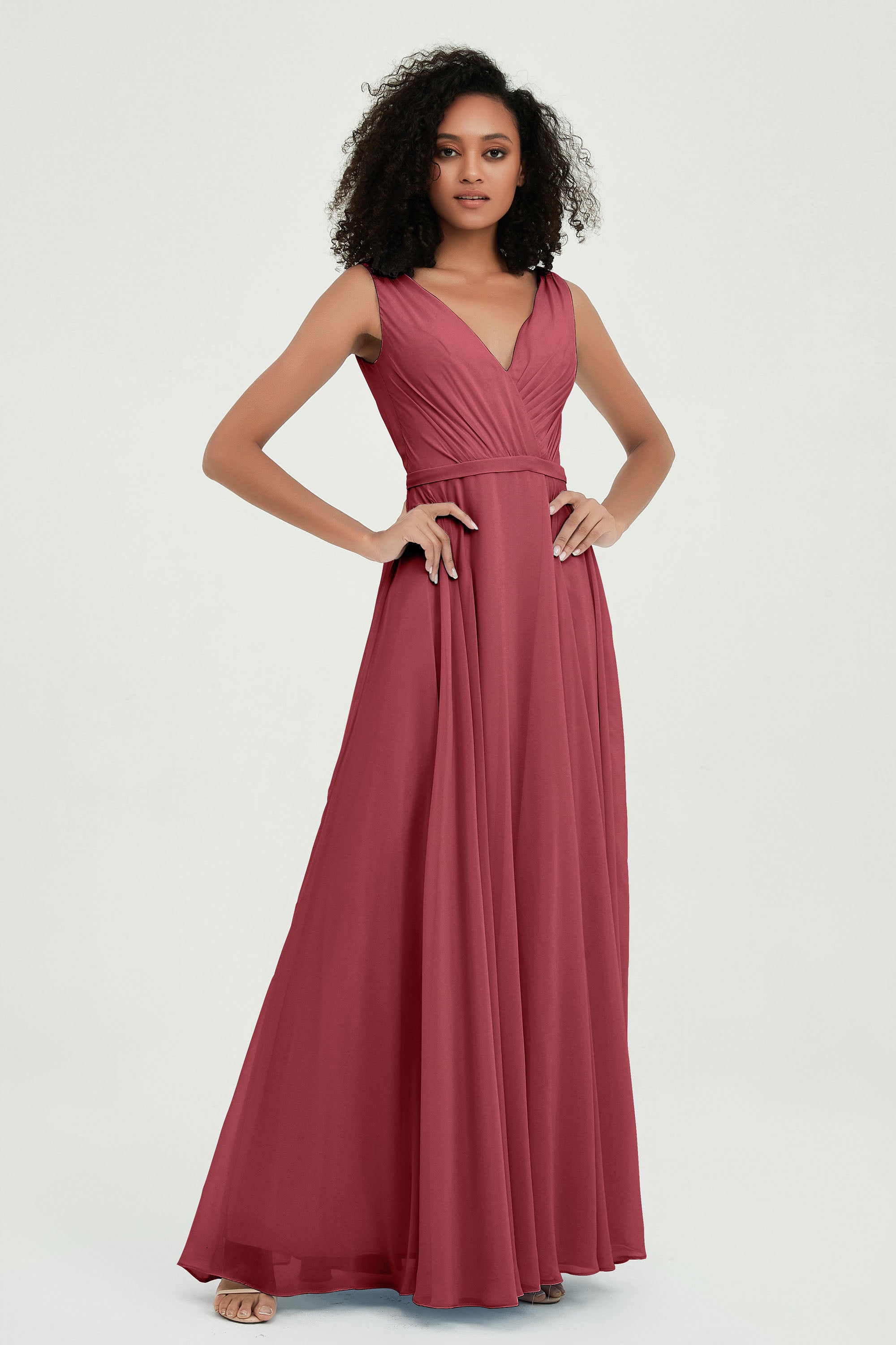 V Neck Chiffon A Line Bridesmaid Dress with Belt Formal Evening Dresses Prom Party Gons
