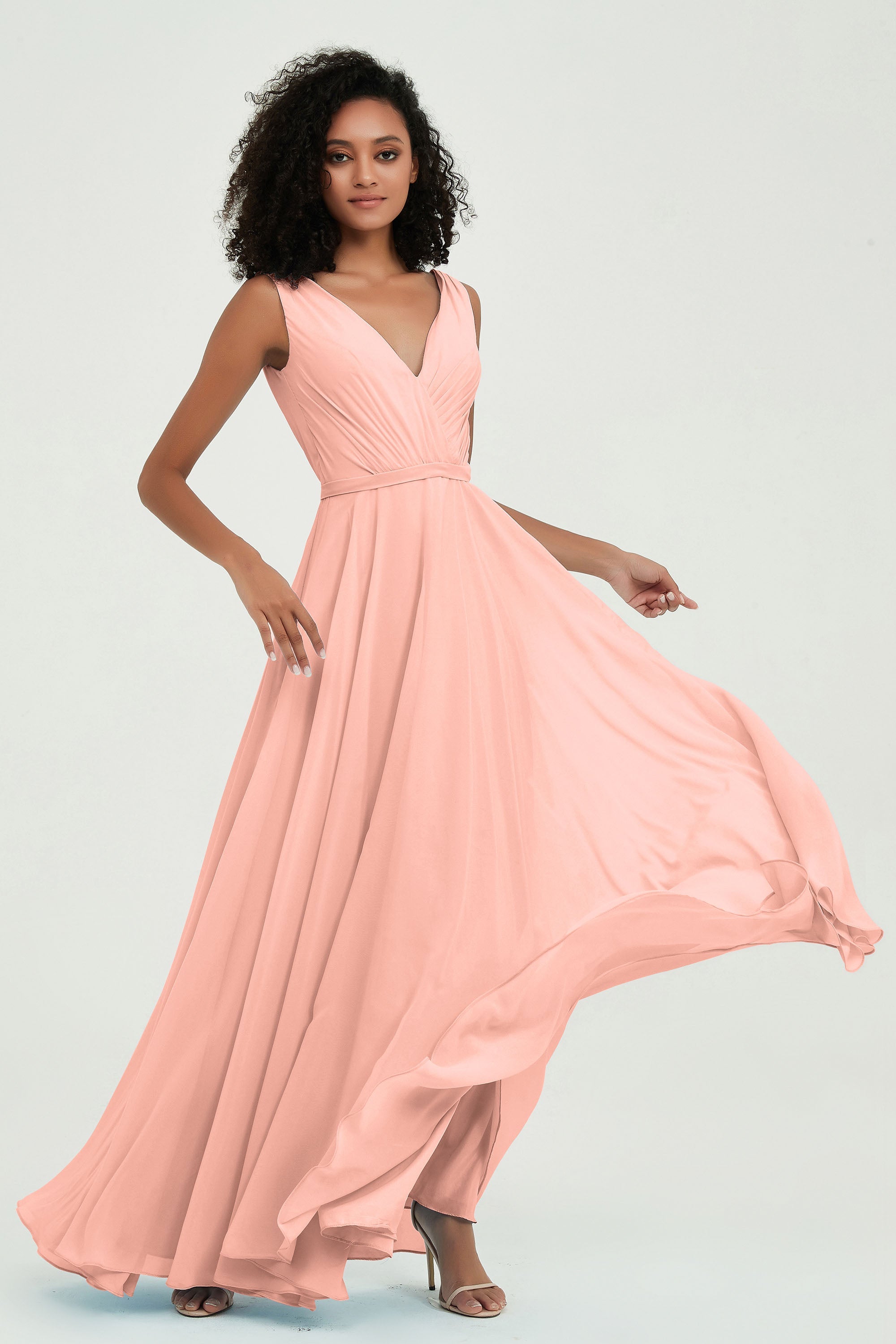 V Neck Chiffon A Line Bridesmaid Dress with Belt Formal Evening Dresses Prom Party Gons