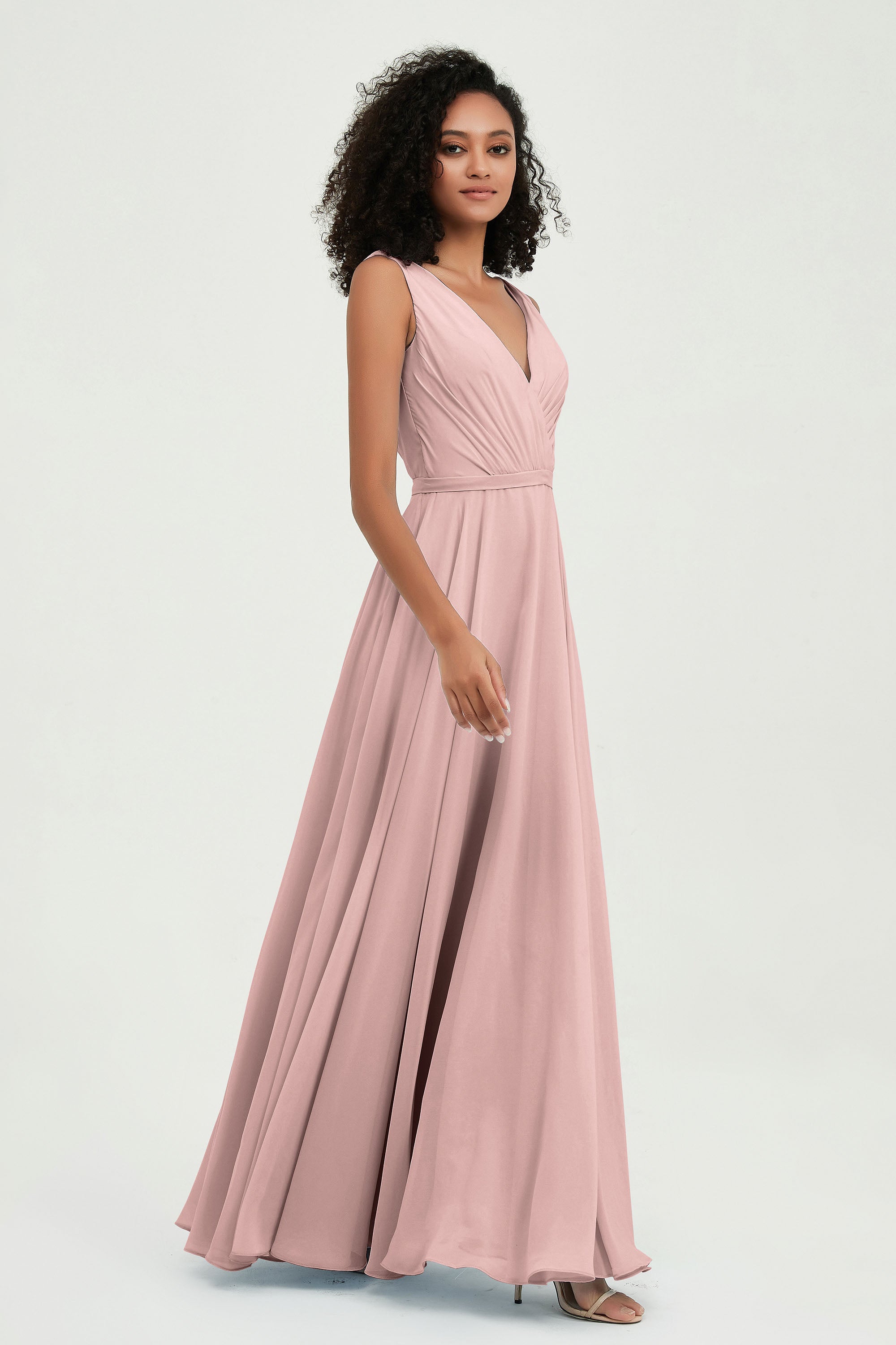 V Neck Chiffon A Line Bridesmaid Dress with Belt Formal Evening Dresses Prom Party Gons
