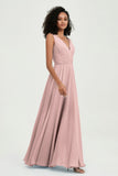 V Neck Chiffon A Line Bridesmaid Dress with Belt Formal Evening Dresses Prom Party Gons