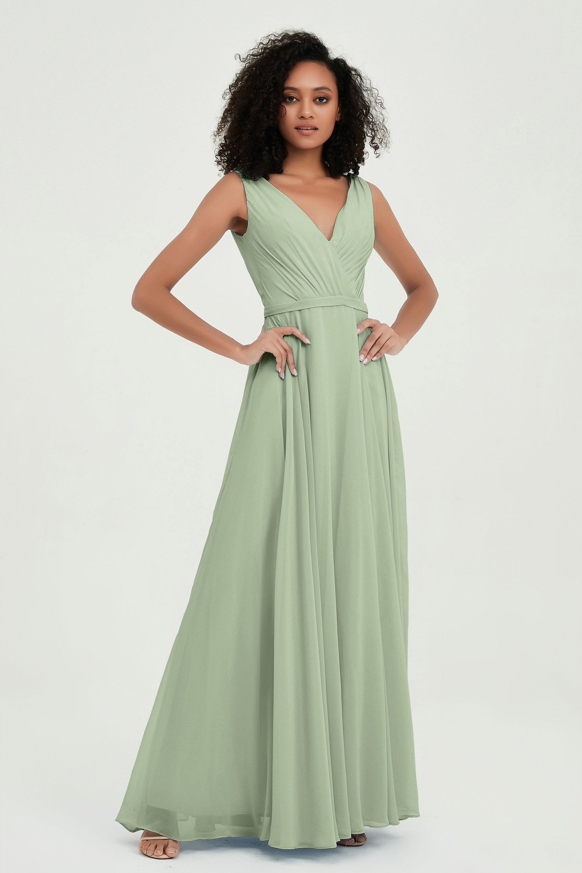 V Neck Chiffon A Line Bridesmaid Dress with Belt Formal Evening Dresses Prom Party Gons