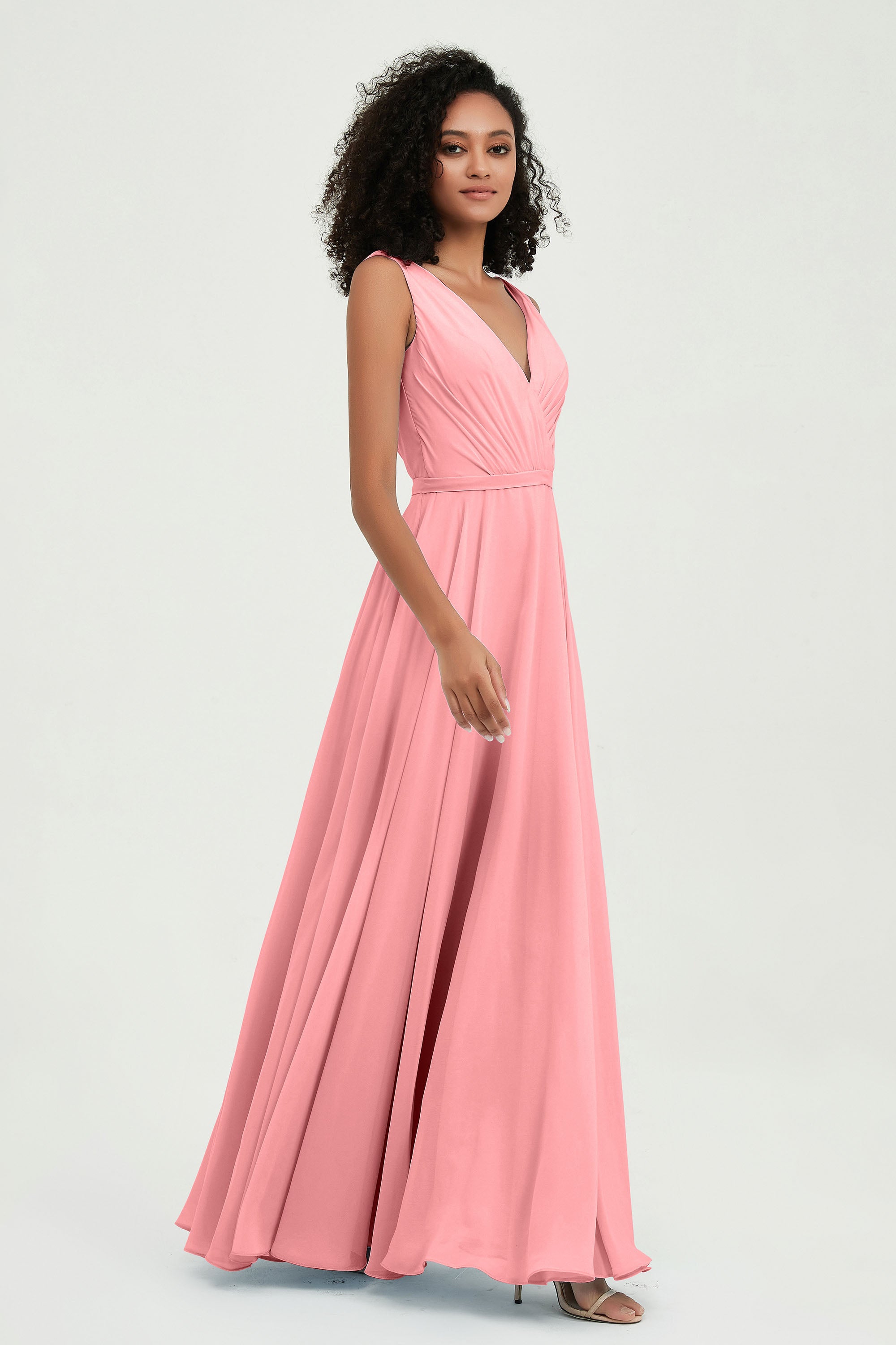 V Neck Chiffon A Line Bridesmaid Dress with Belt Formal Evening Dresses Prom Party Gons