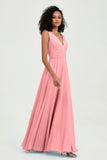 V Neck Chiffon A Line Bridesmaid Dress with Belt Formal Evening Dresses Prom Party Gons