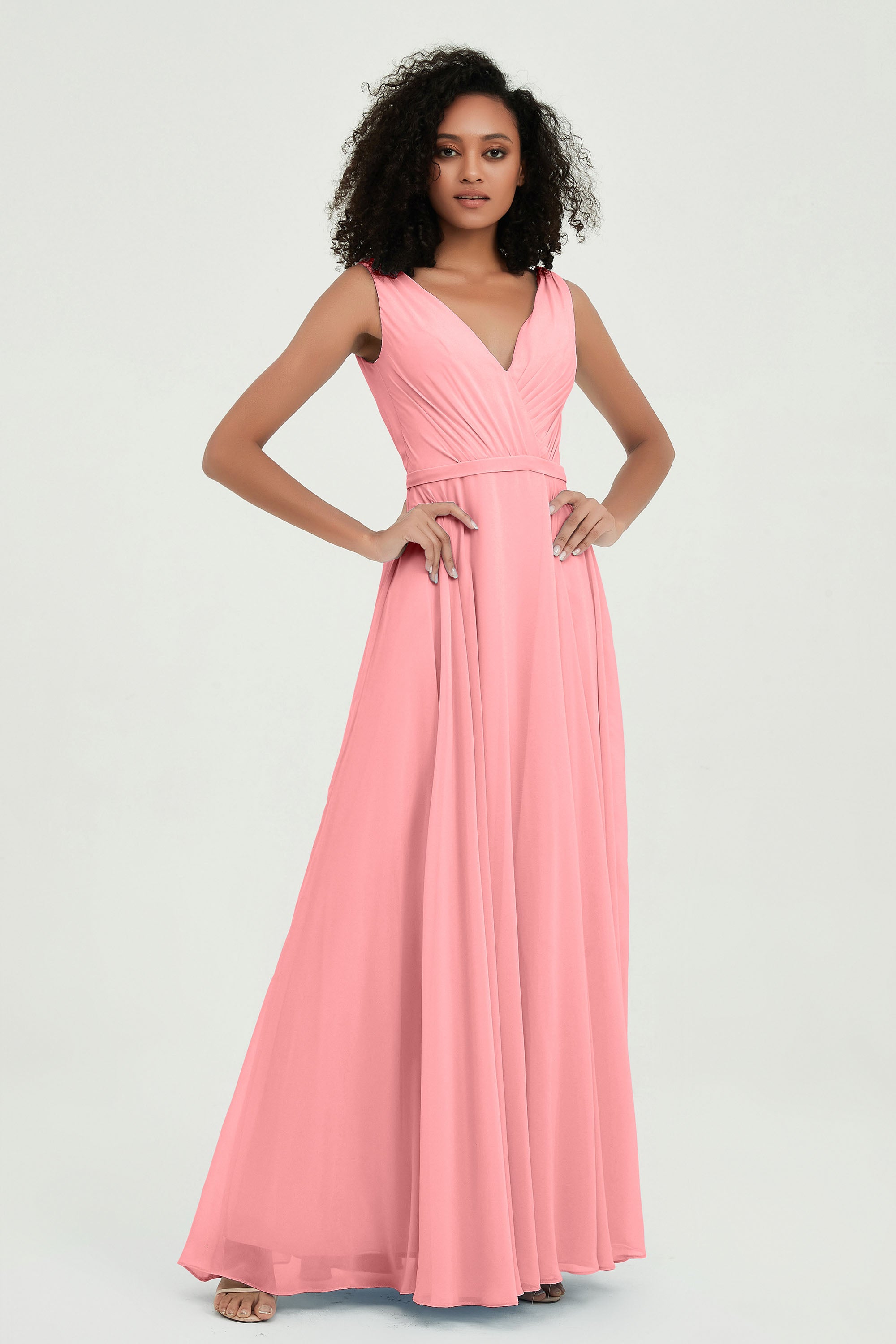 V Neck Chiffon A Line Bridesmaid Dress with Belt Formal Evening Dresses Prom Party Gons