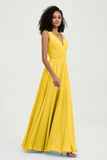 V Neck Chiffon A Line Bridesmaid Dress with Belt Formal Evening Dresses Prom Party Gons