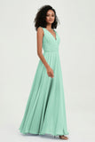 V Neck Chiffon A Line Bridesmaid Dress with Belt Formal Evening Dresses Prom Party Gons