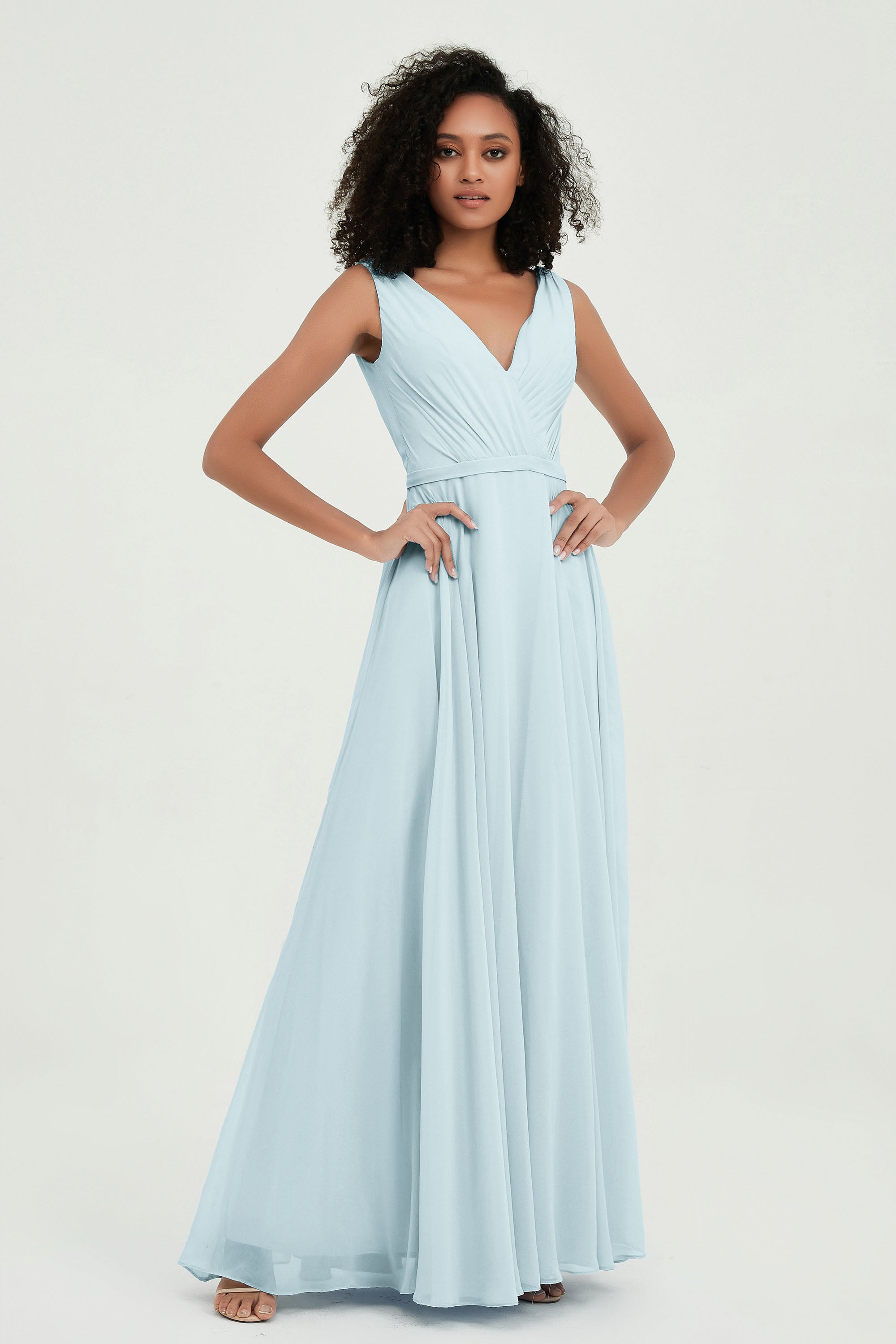 V Neck Chiffon A Line Bridesmaid Dress with Belt Formal Evening Dresses Prom Party Gons