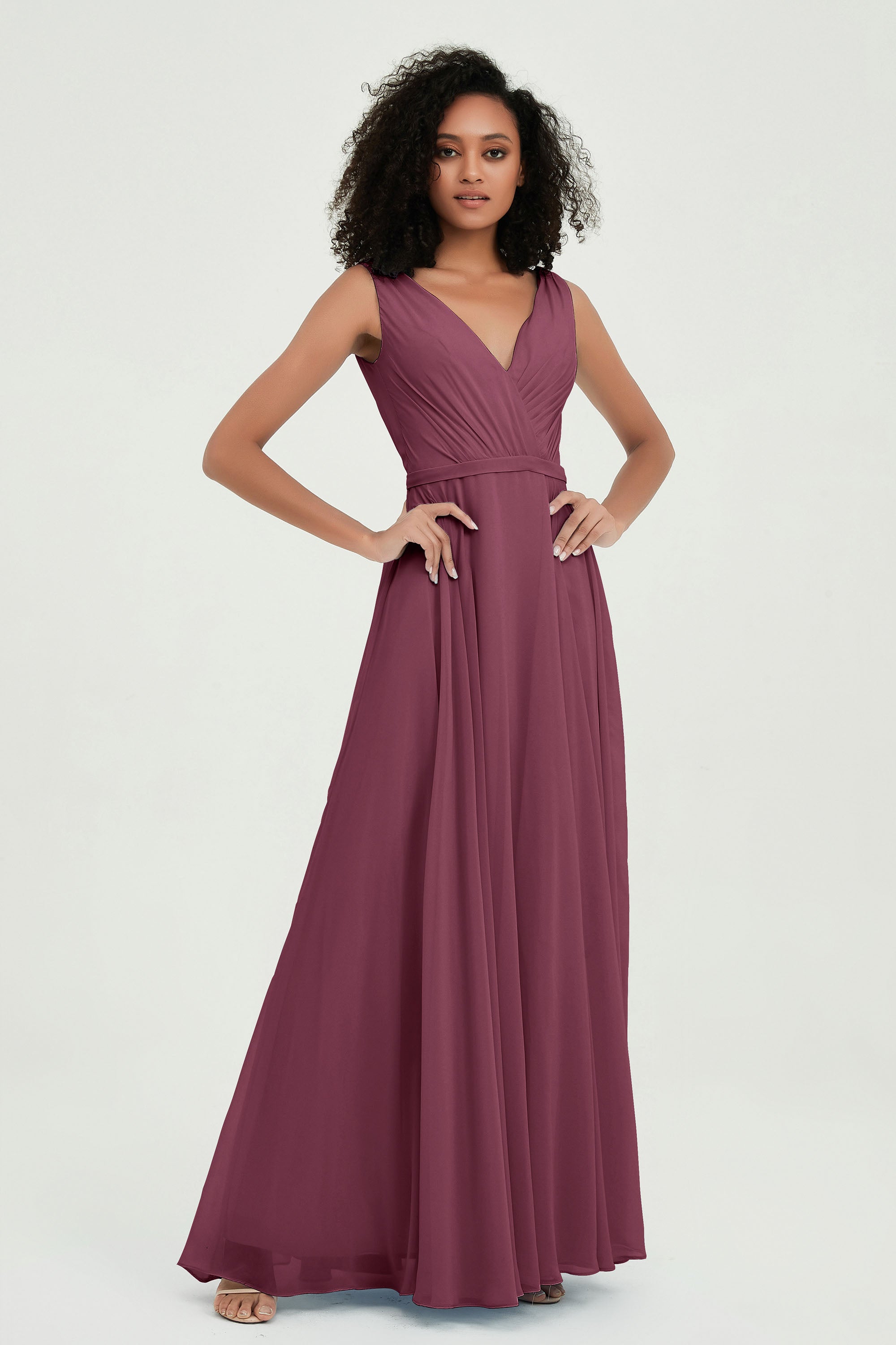 V Neck Chiffon A Line Bridesmaid Dress with Belt Formal Evening Dresses Prom Party Gons