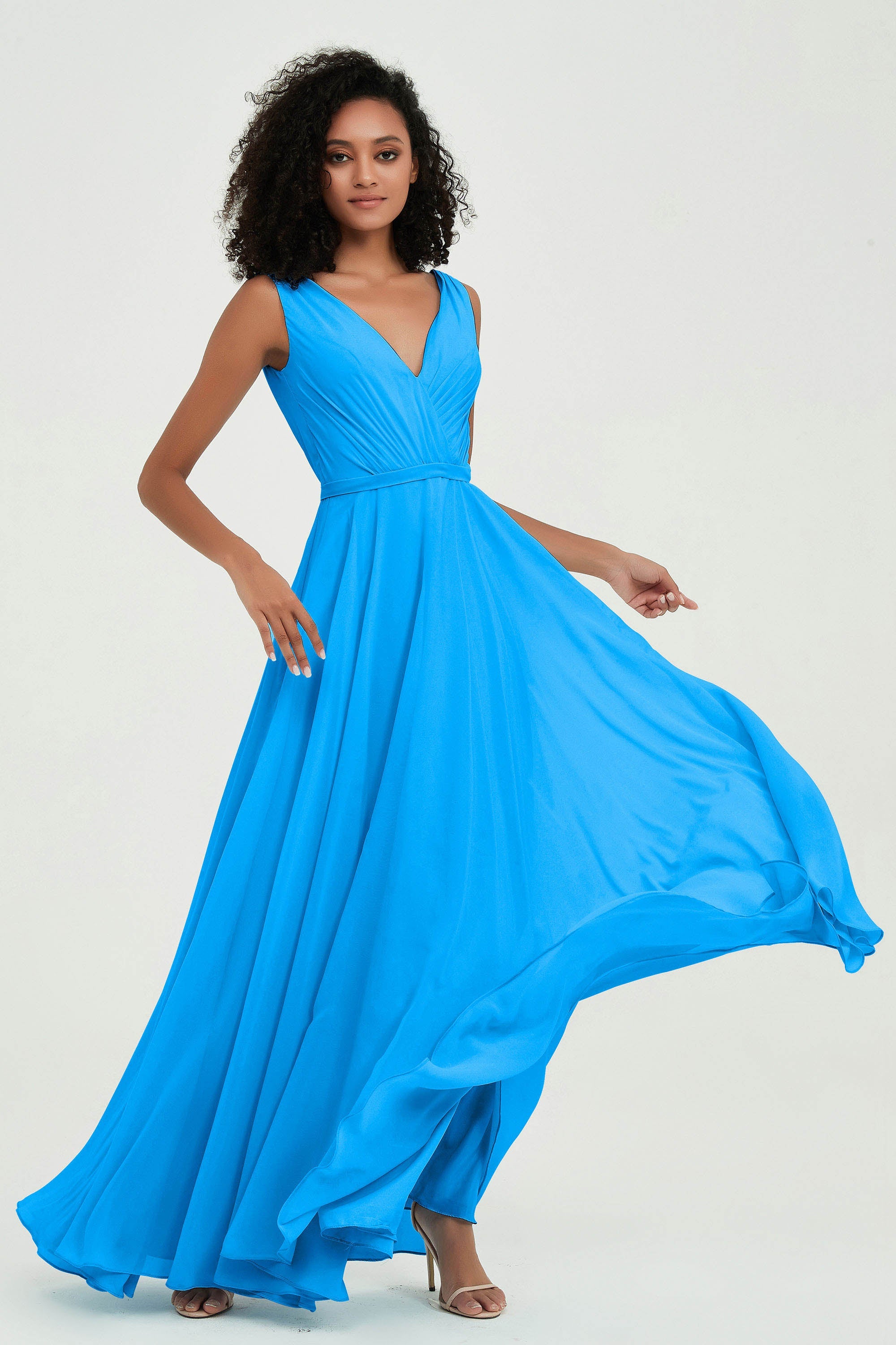 V Neck Chiffon A Line Bridesmaid Dress with Belt Formal Evening Dresses Prom Party Gons