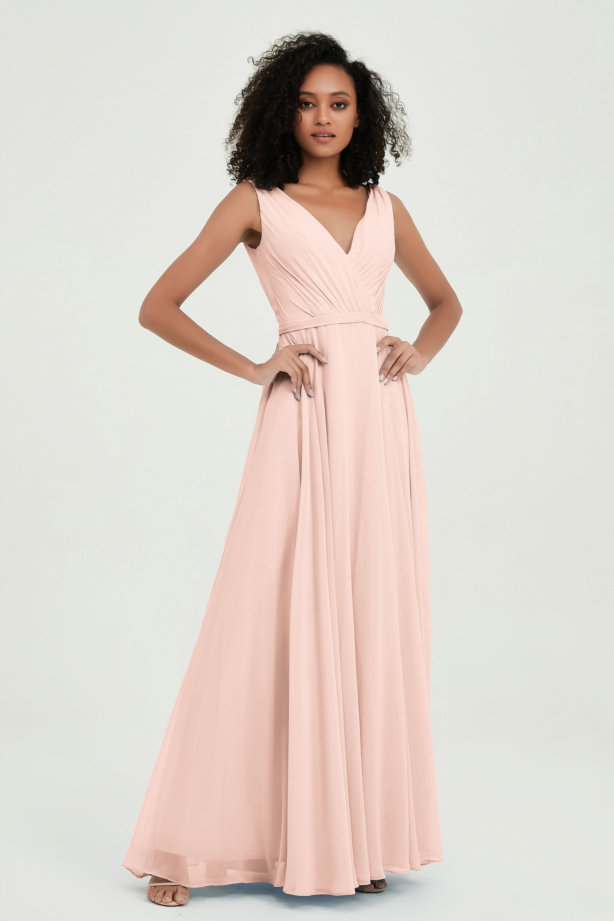 V Neck Chiffon A Line Bridesmaid Dress with Belt Formal Evening Dresses Prom Party Gons