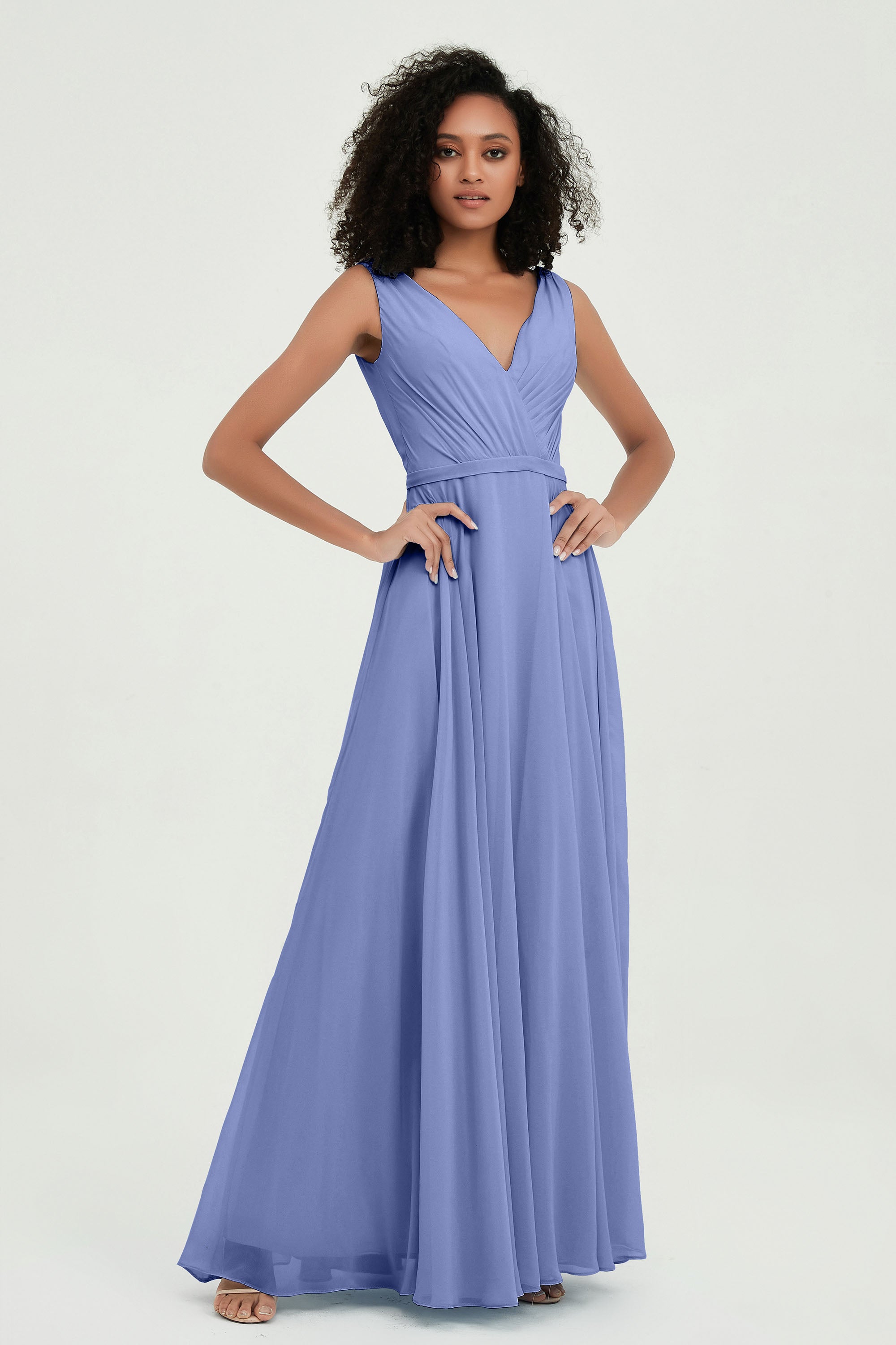 V Neck Chiffon A Line Bridesmaid Dress with Belt Formal Evening Dresses Prom Party Gons