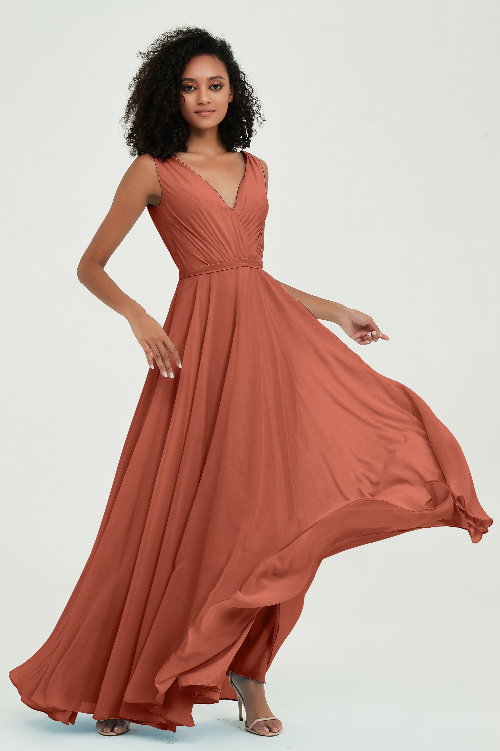 V Neck Chiffon A Line Bridesmaid Dress with Belt Formal Evening Dresses Prom Party Gons