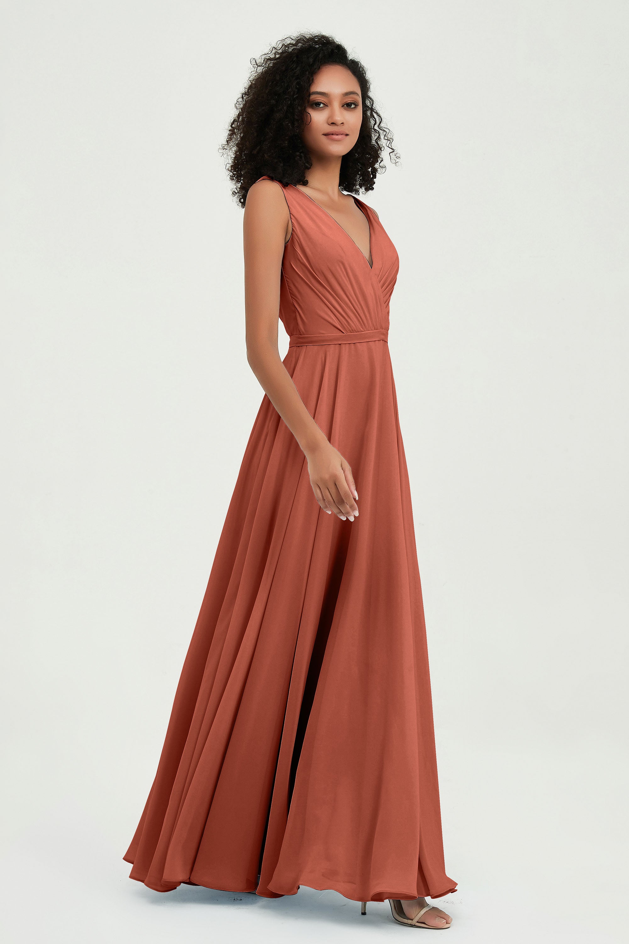 V Neck Chiffon A Line Bridesmaid Dress with Belt Formal Evening Dresses Prom Party Gons