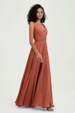 V Neck Chiffon A Line Bridesmaid Dress with Belt Formal Evening Dresses Prom Party Gons
