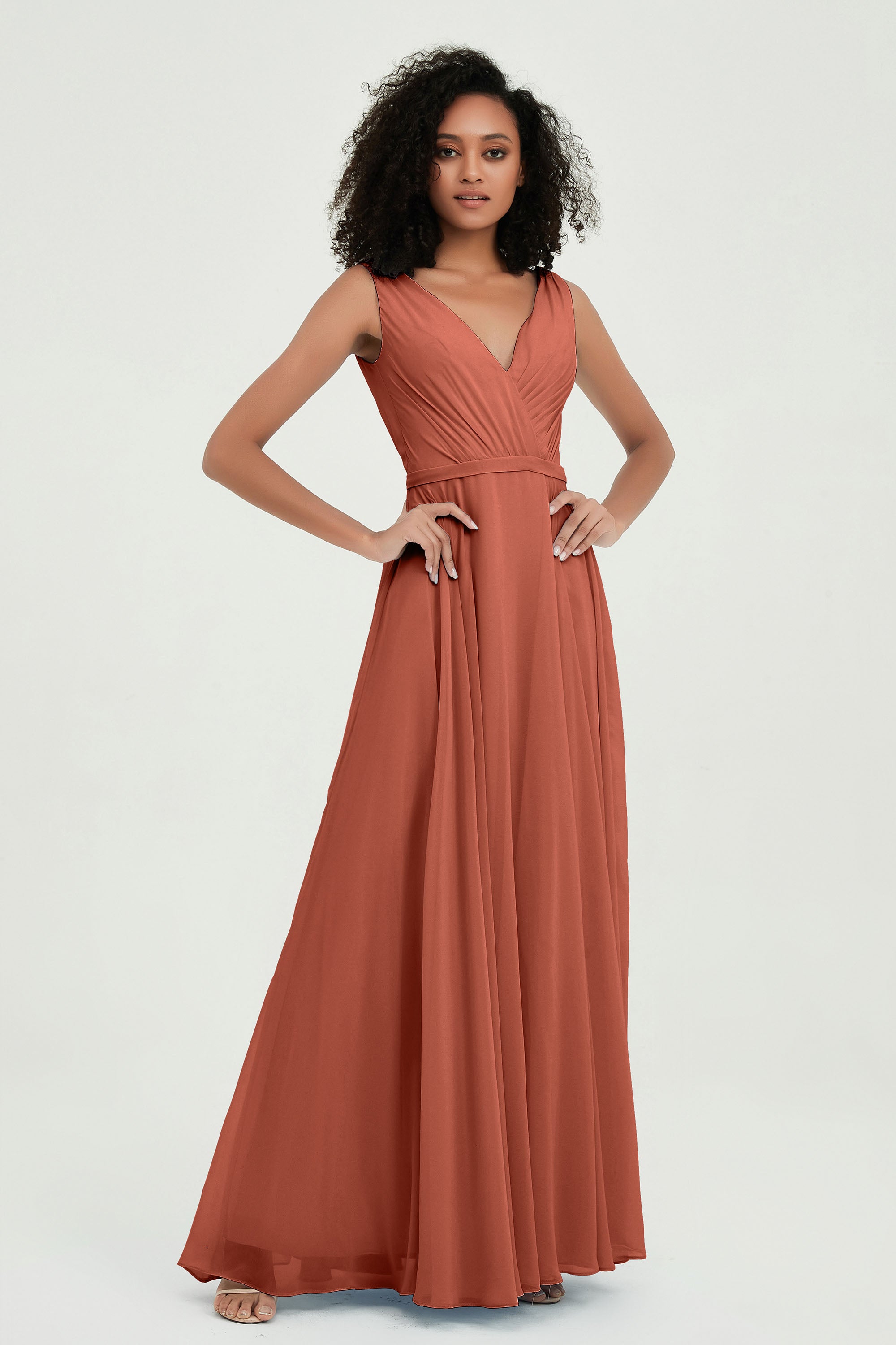 V Neck Chiffon A Line Bridesmaid Dress with Belt Formal Evening Dresses Prom Party Gons