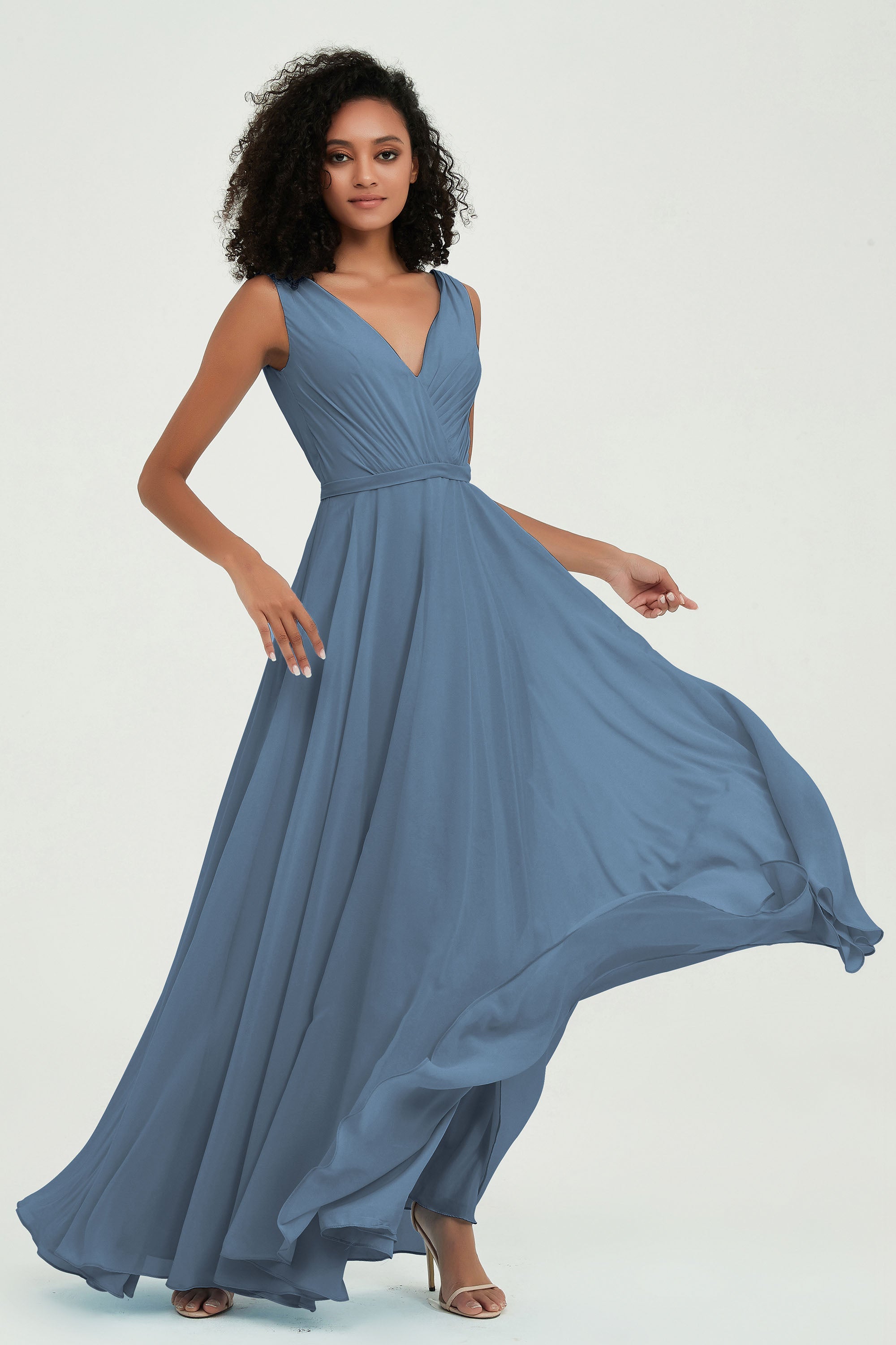 V Neck Chiffon A Line Bridesmaid Dress with Belt Formal Evening Dresses Prom Party Gons