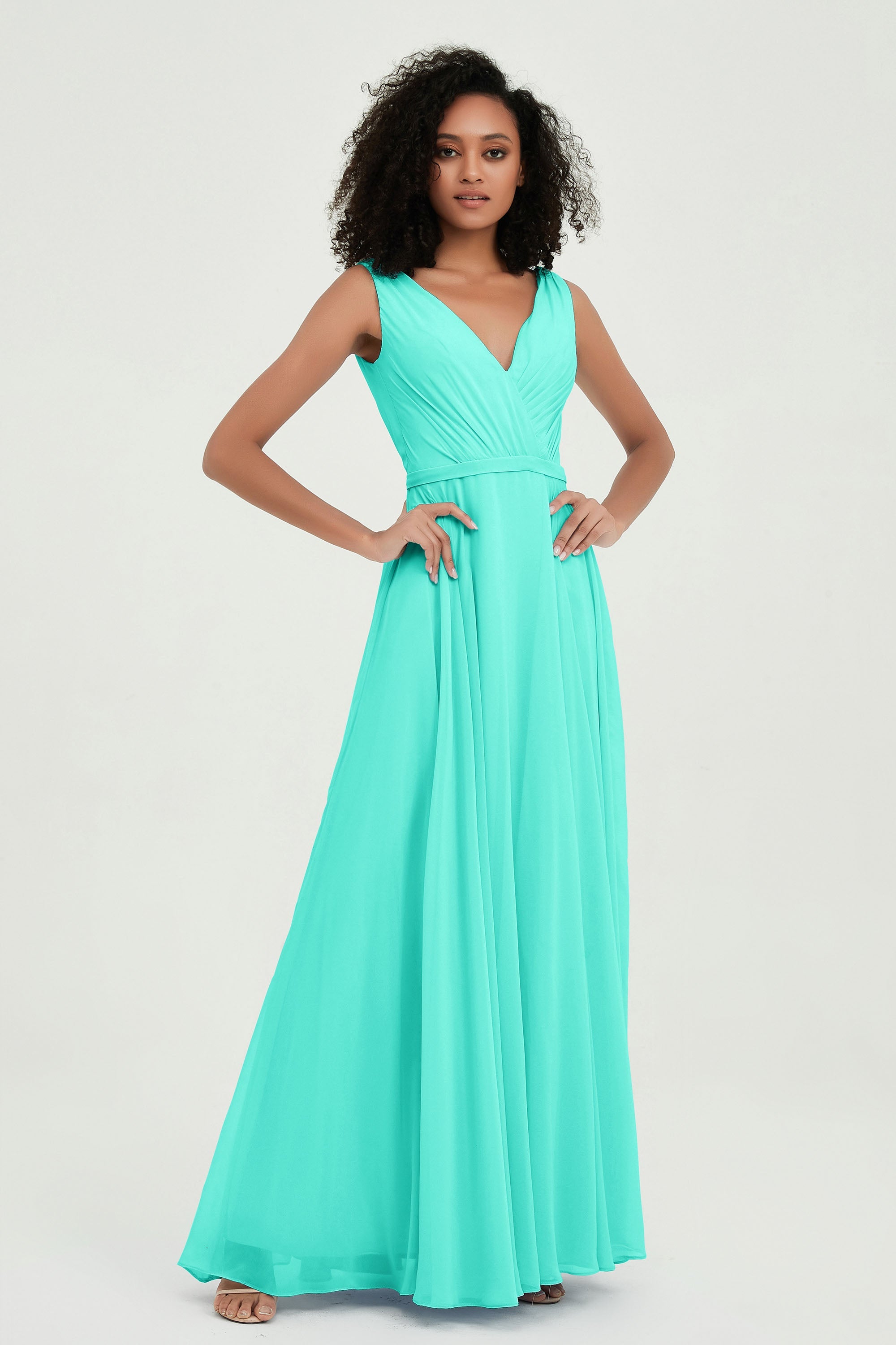 V Neck Chiffon A Line Bridesmaid Dress with Belt Formal Evening Dresses Prom Party Gons