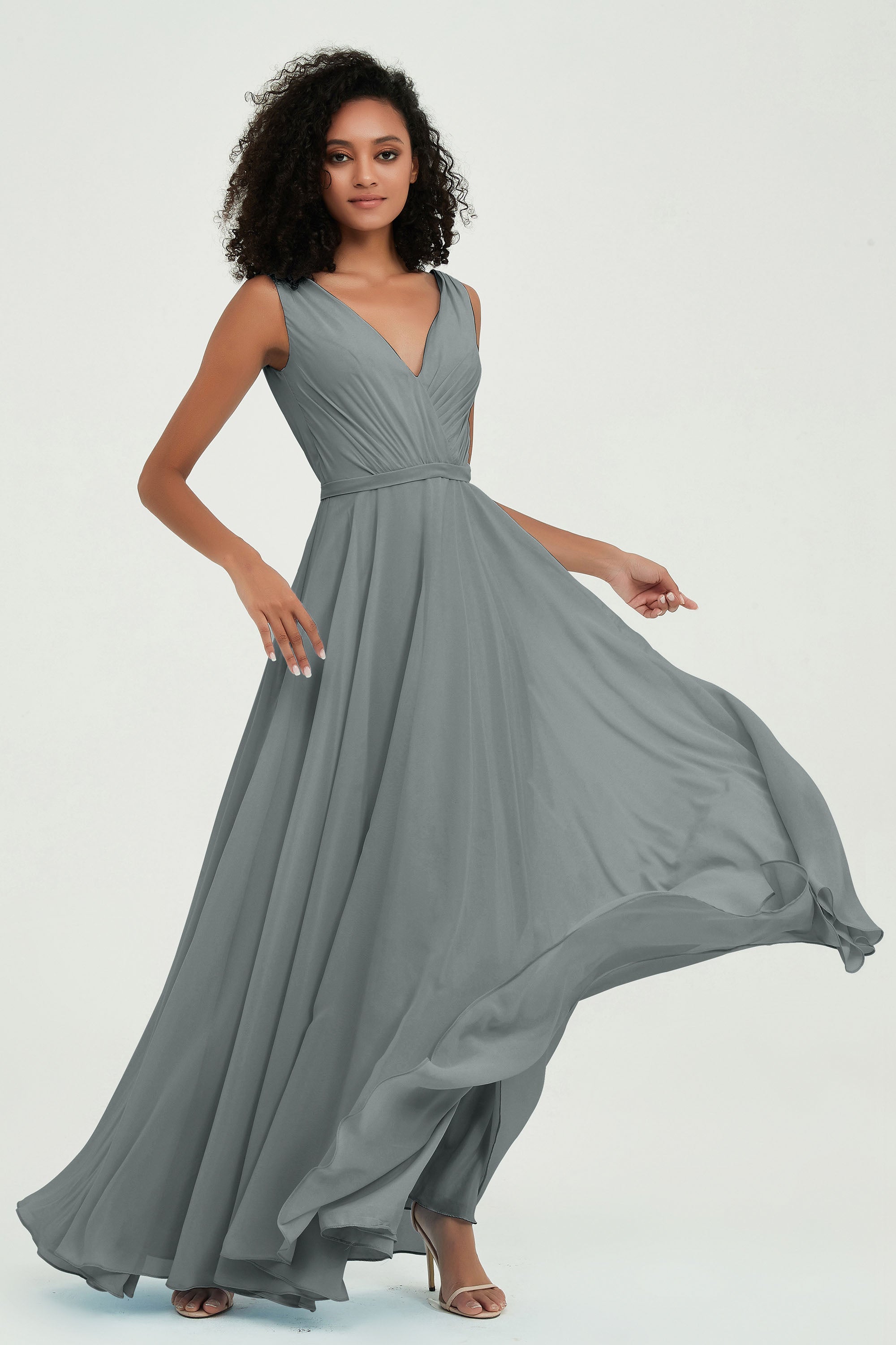 V Neck Chiffon A Line Bridesmaid Dress with Belt Formal Evening Dresses Prom Party Gons