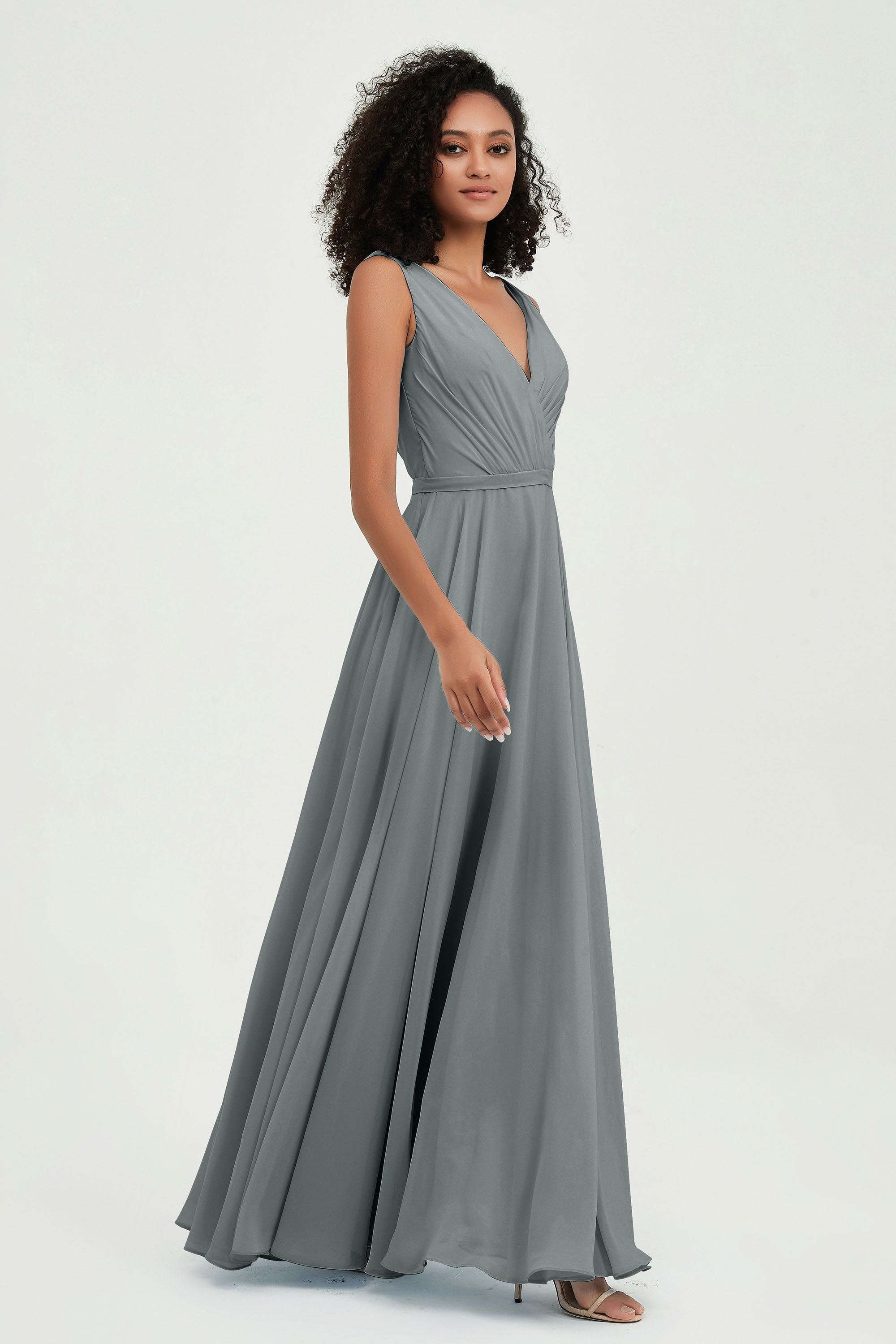 V Neck Chiffon A Line Bridesmaid Dress with Belt Formal Evening Dresses Prom Party Gons