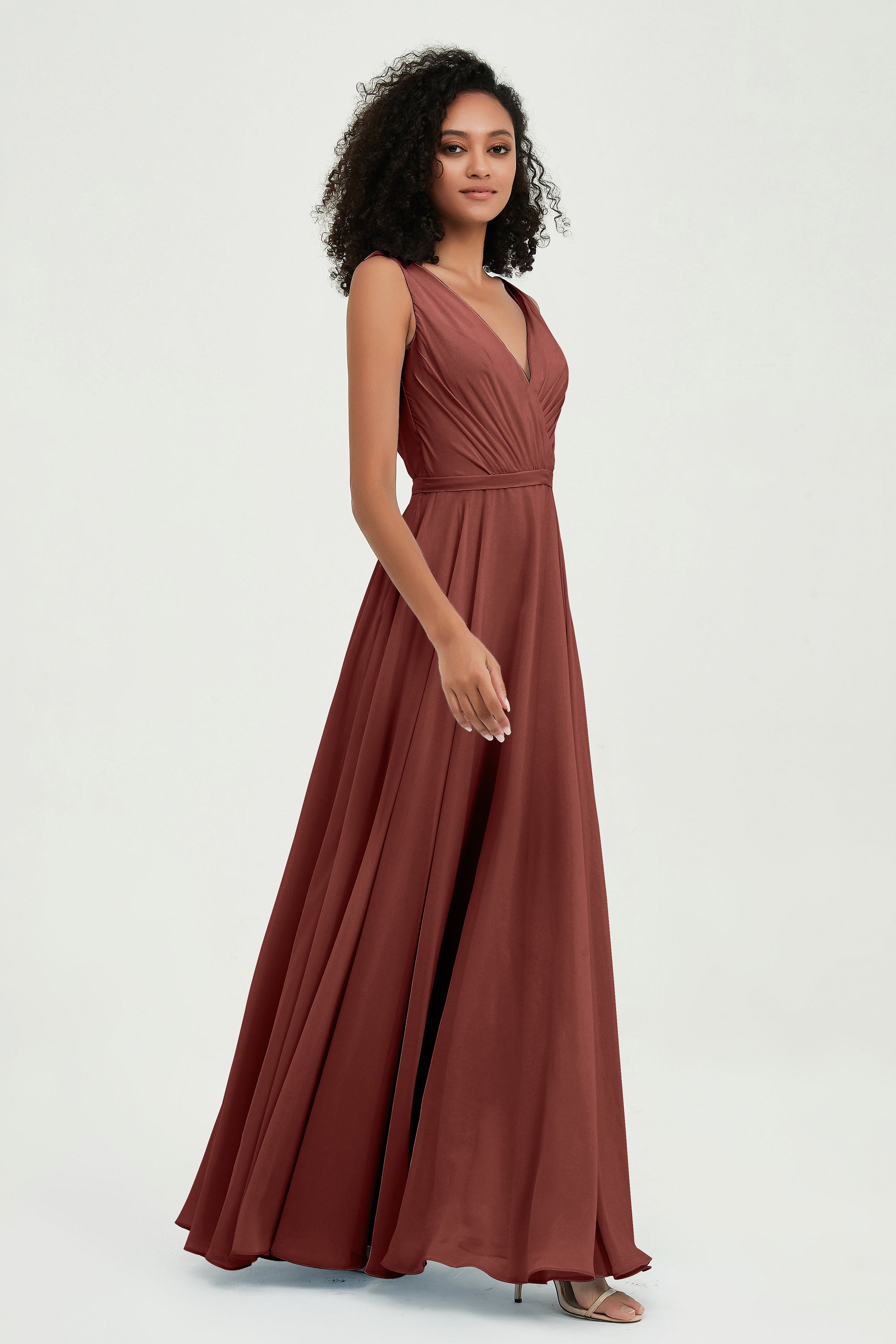 V Neck Chiffon A Line Bridesmaid Dress with Belt Formal Evening Dresses Prom Party Gons