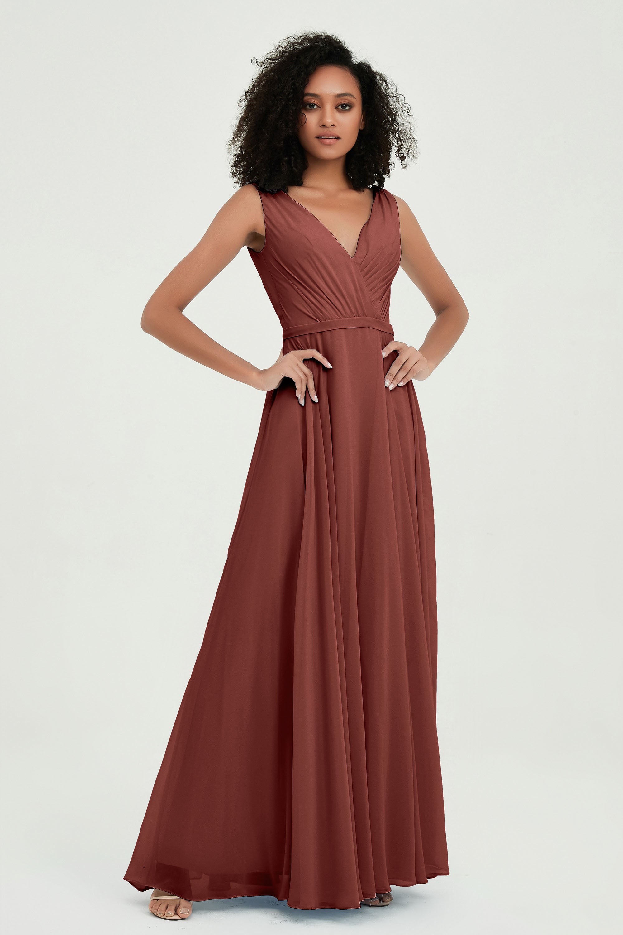 V Neck Chiffon A Line Bridesmaid Dress with Belt Formal Evening Dresses Prom Party Gons
