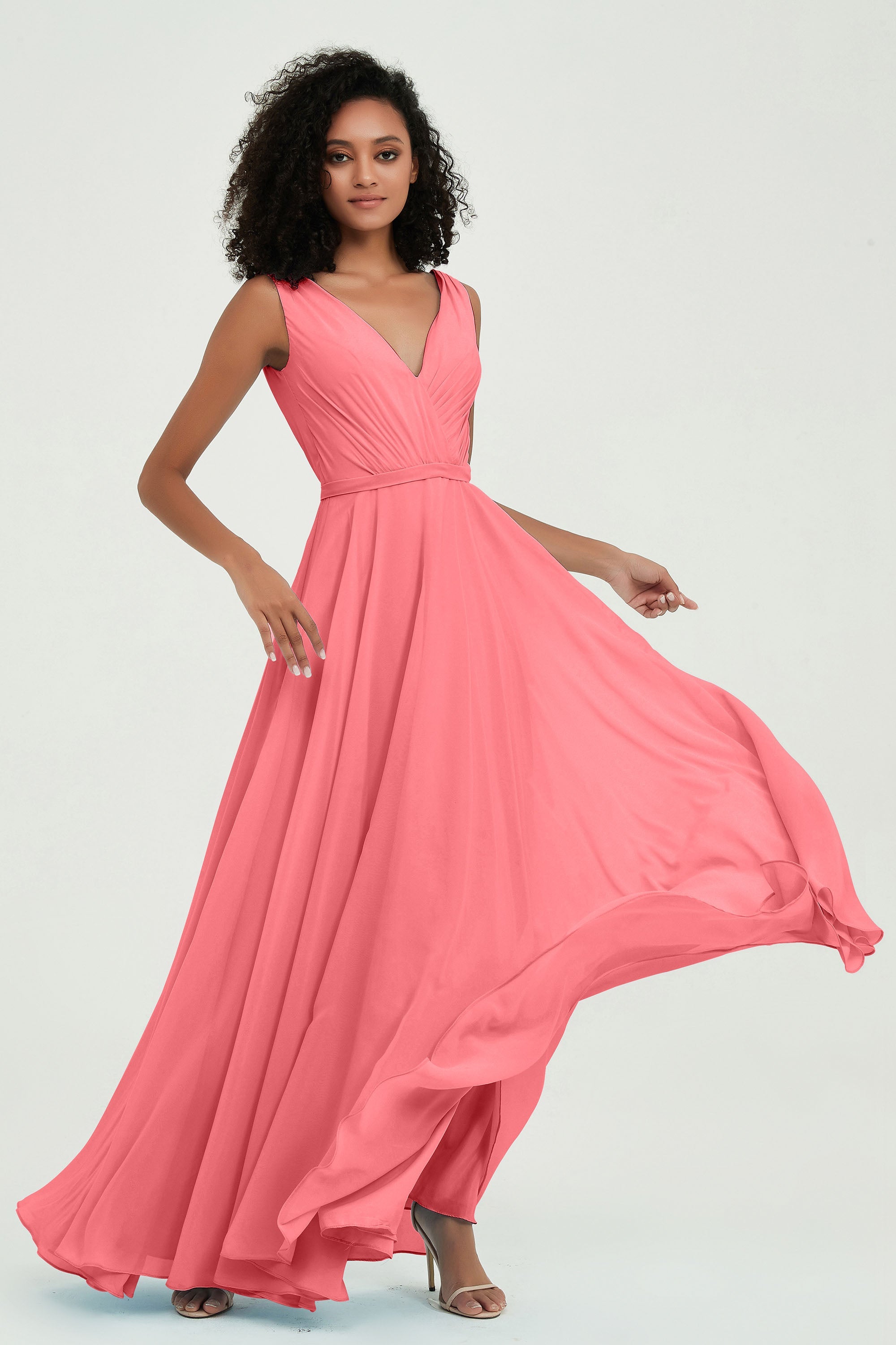 V Neck Chiffon A Line Bridesmaid Dress with Belt Formal Evening Dresses Prom Party Gons