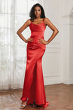 Spaghetti Straps Satin Mermaid Formal Evening Dresses with Slit Prom Party Bridesmaid Gowns