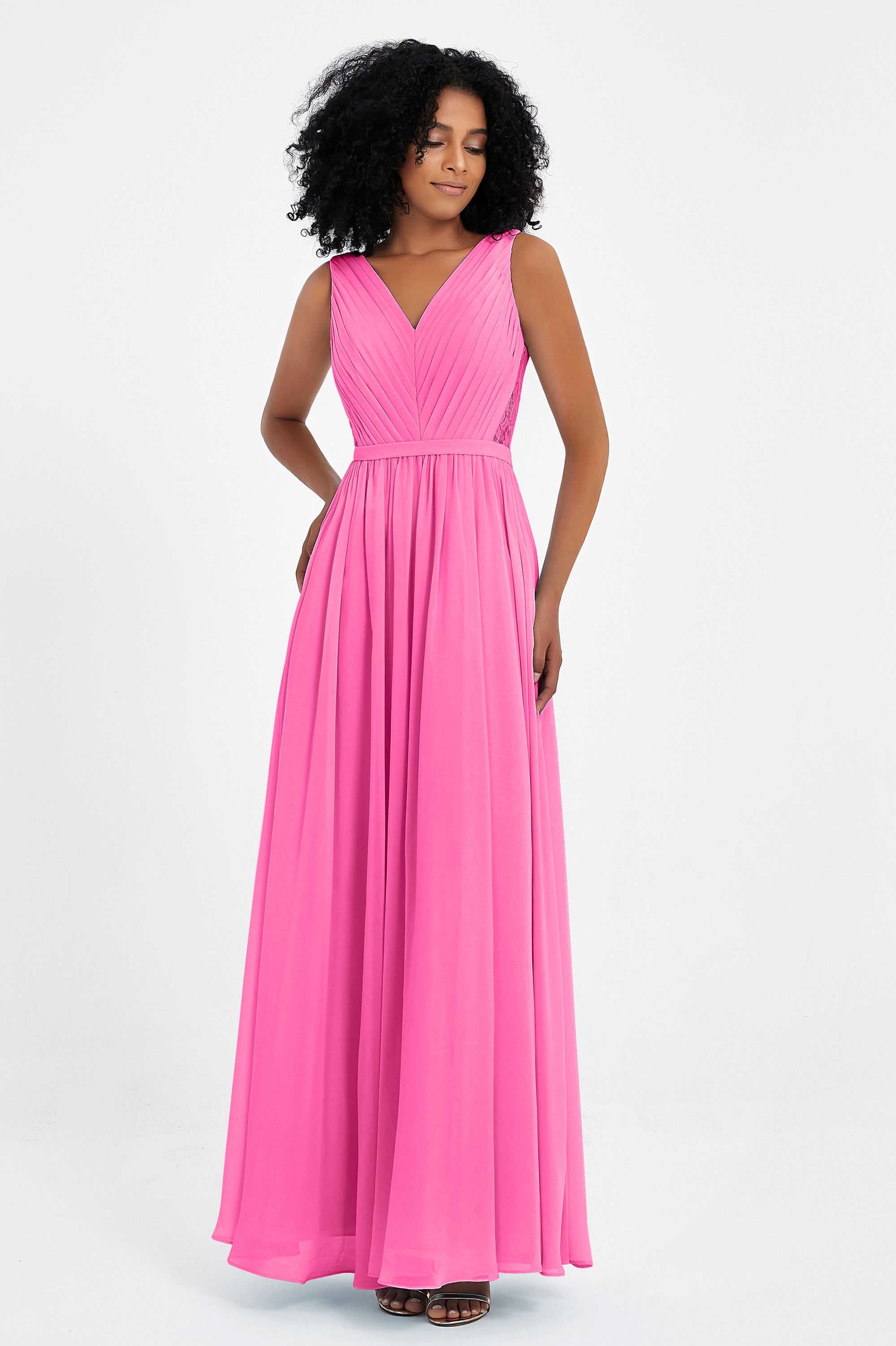 A Line Chiffon Bridesmaid Dress With Lace Ruched Sleeveless Formal Evening Prom Dresses