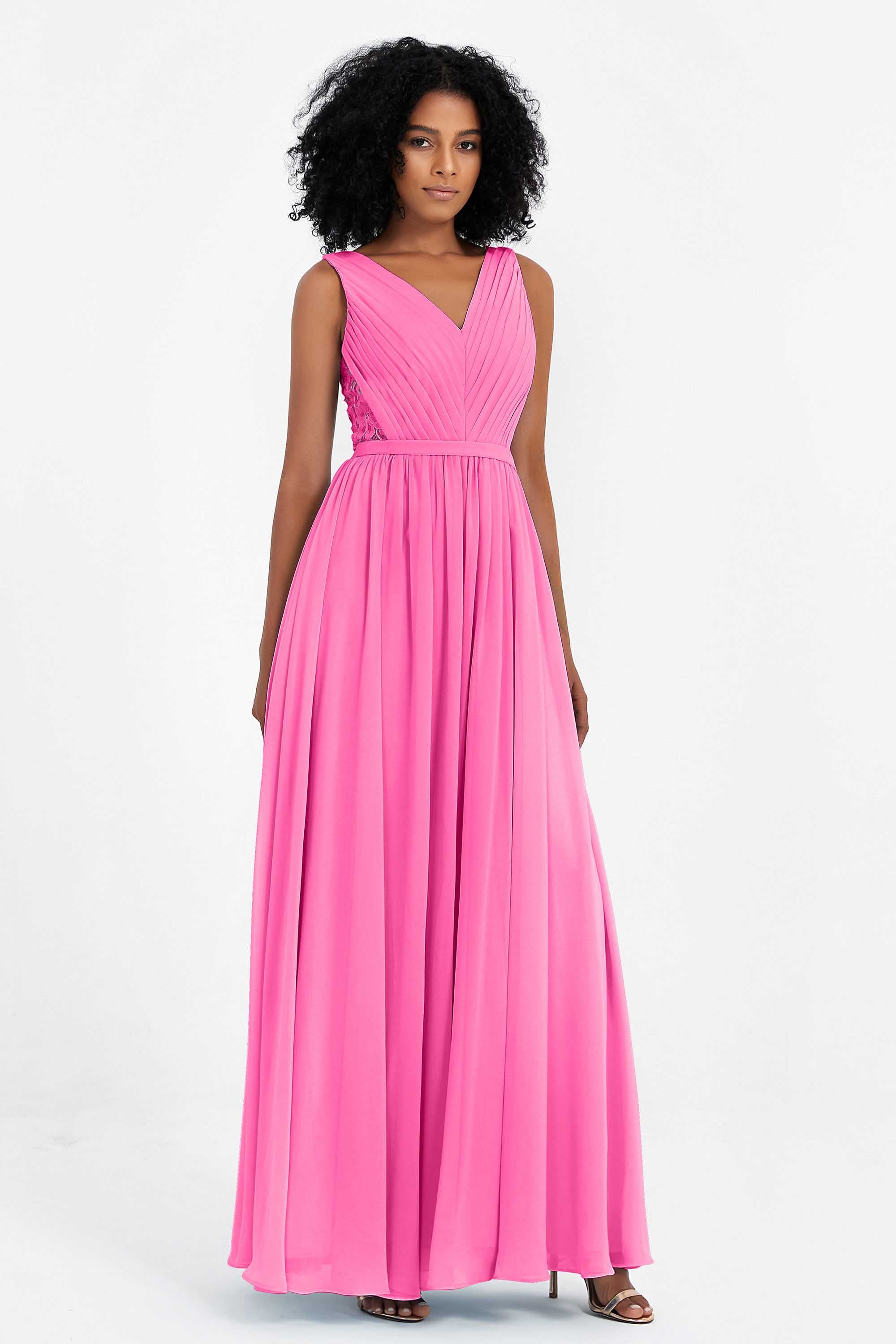 A Line Chiffon Bridesmaid Dress With Lace Ruched Sleeveless Formal Evening Prom Dresses