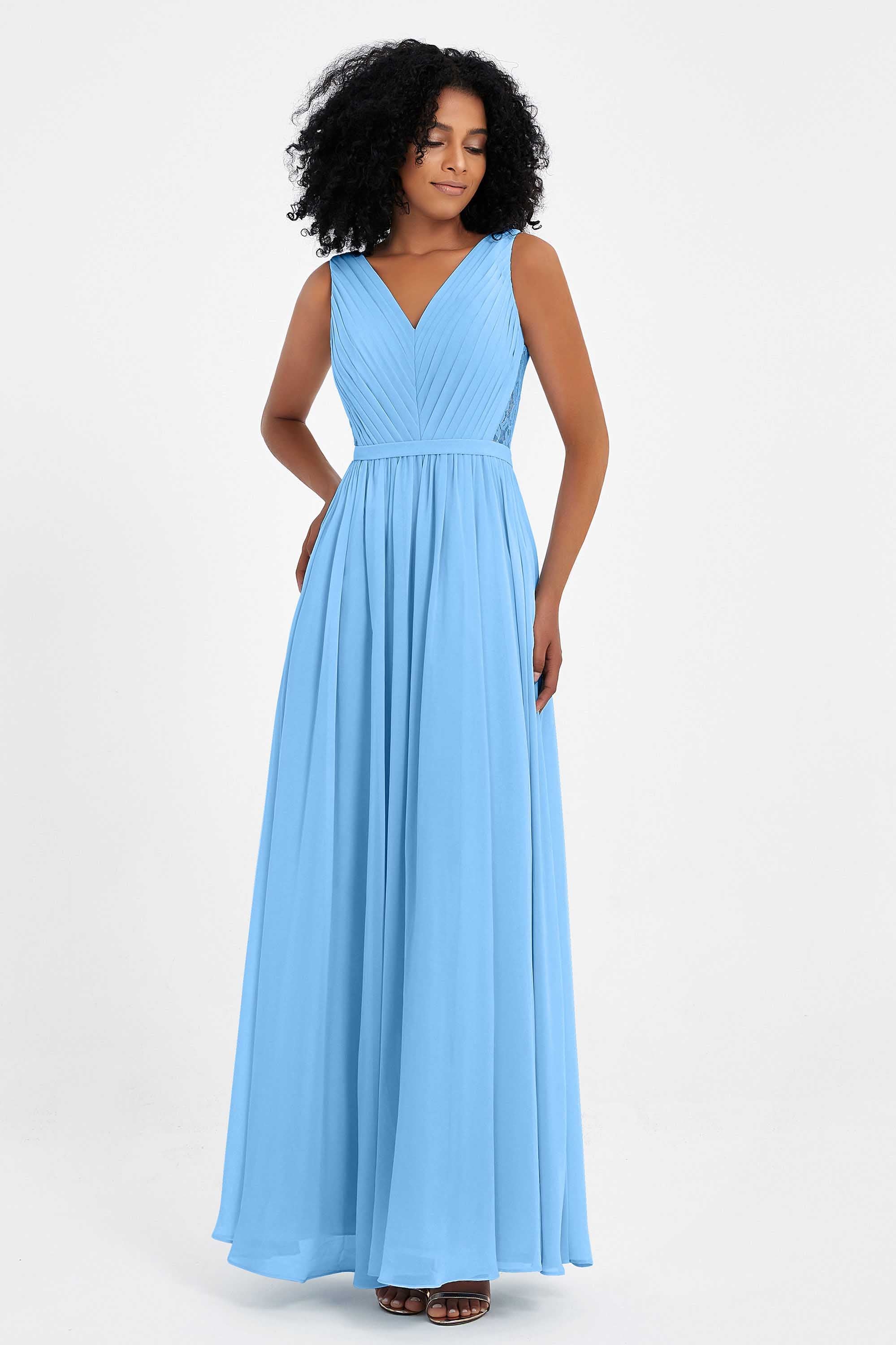 A Line Chiffon Bridesmaid Dress With Lace Ruched Sleeveless Formal Evening Prom Dresses