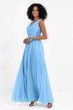 A Line Chiffon Bridesmaid Dress With Lace Ruched Sleeveless Formal Evening Prom Dresses