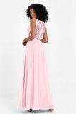 A Line Chiffon Bridesmaid Dress With Lace Ruched Sleeveless Formal Evening Prom Dresses