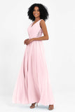 A Line Chiffon Bridesmaid Dress With Lace Ruched Sleeveless Formal Evening Prom Dresses