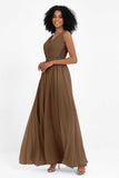 A Line Chiffon Bridesmaid Dress With Lace Ruched Sleeveless Formal Evening Prom Dresses