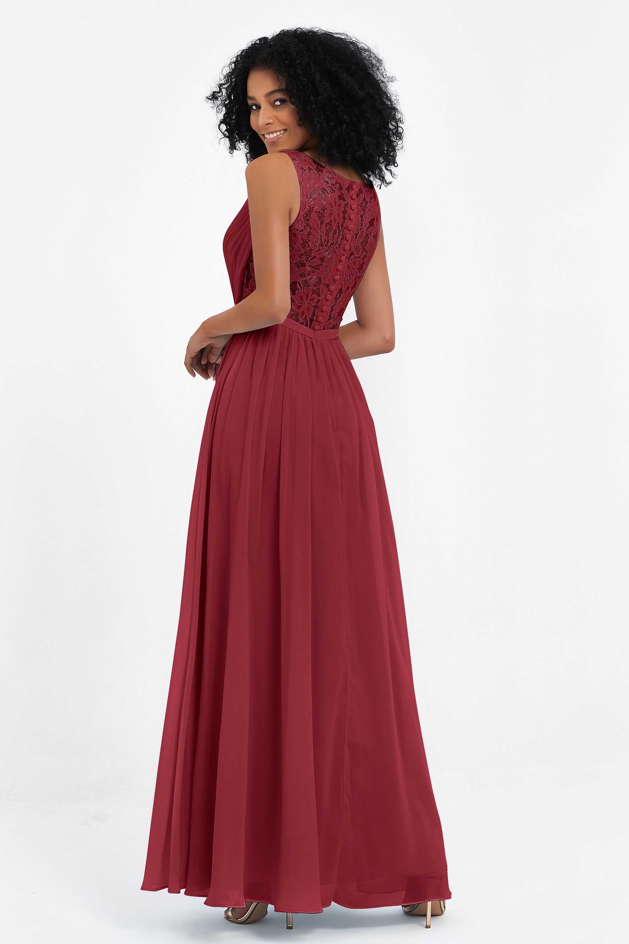A Line Chiffon Bridesmaid Dress With Lace Ruched Sleeveless Formal Evening Prom Dresses