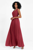 A Line Chiffon Bridesmaid Dress With Lace Ruched Sleeveless Formal Evening Prom Dresses