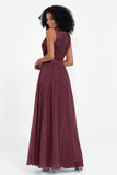 A Line Chiffon Bridesmaid Dress With Lace Ruched Sleeveless Formal Evening Prom Dresses