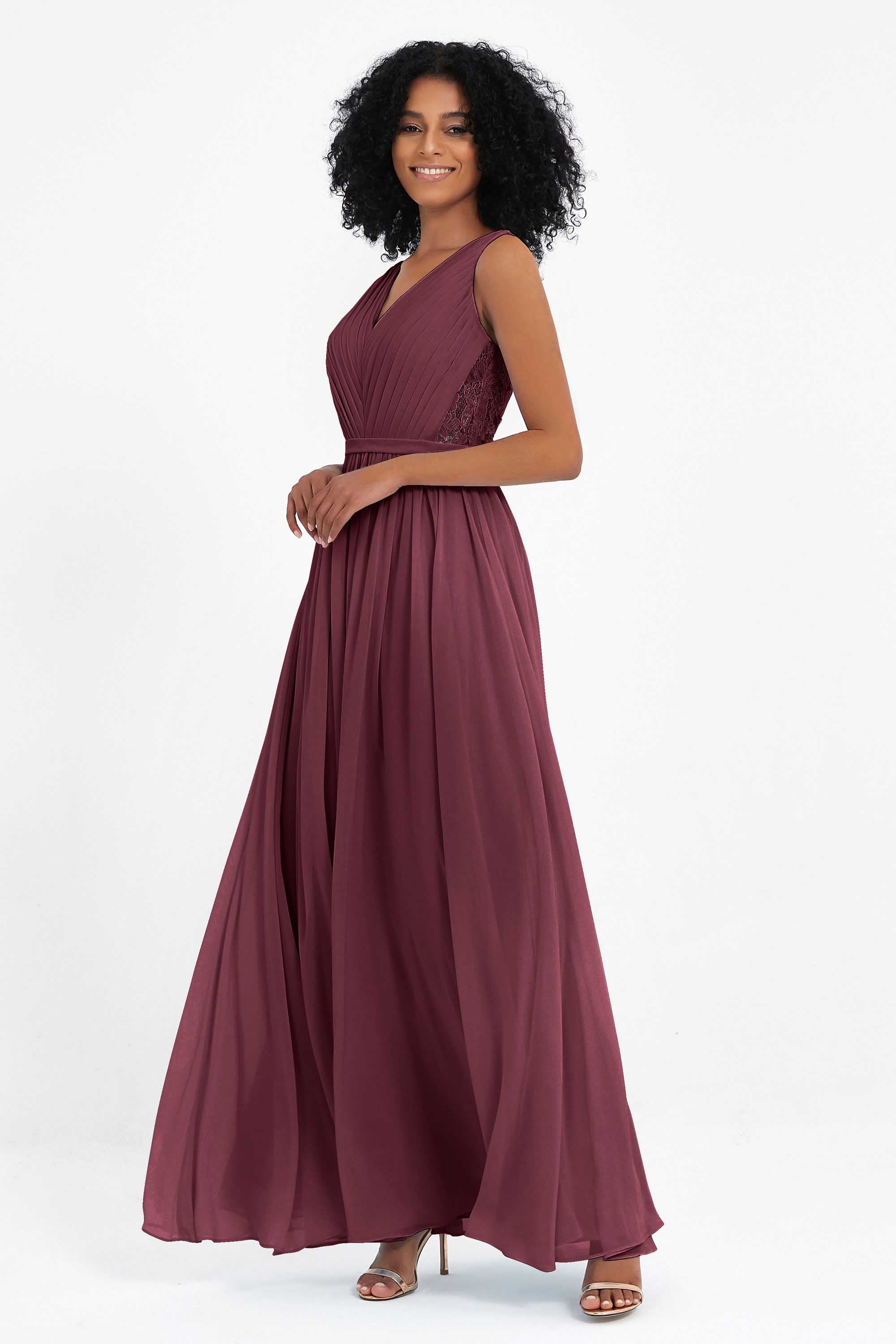 A Line Chiffon Bridesmaid Dress With Lace Ruched Sleeveless Formal Evening Prom Dresses