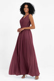 A Line Chiffon Bridesmaid Dress With Lace Ruched Sleeveless Formal Evening Prom Dresses