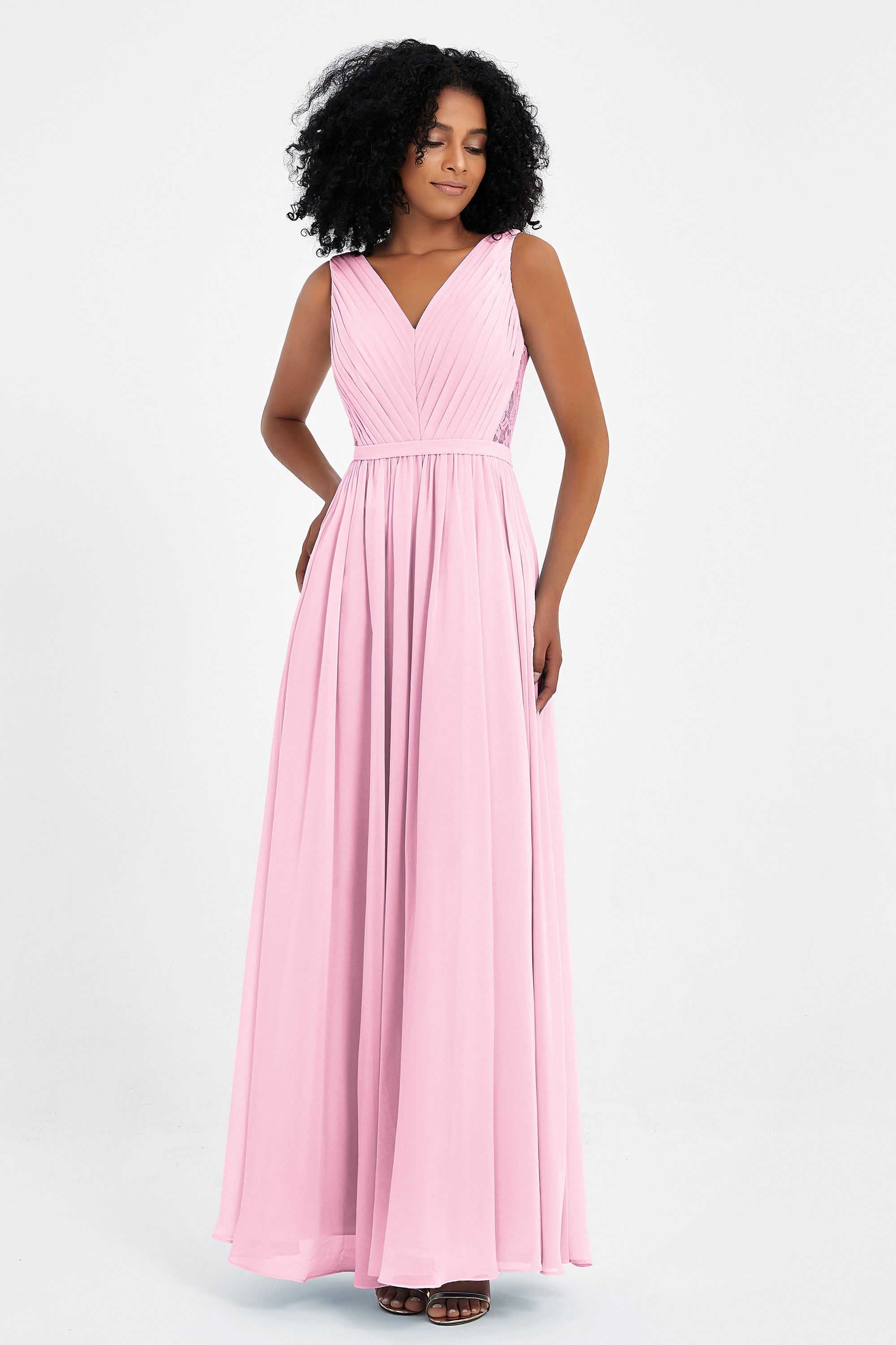 A Line Chiffon Bridesmaid Dress With Lace Ruched Sleeveless Formal Evening Prom Dresses