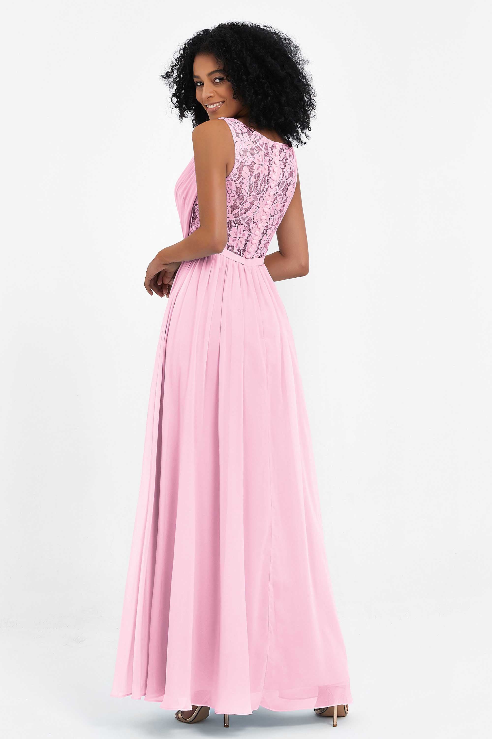 A Line Chiffon Bridesmaid Dress With Lace Ruched Sleeveless Formal Evening Prom Dresses