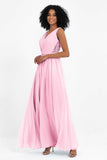 A Line Chiffon Bridesmaid Dress With Lace Ruched Sleeveless Formal Evening Prom Dresses