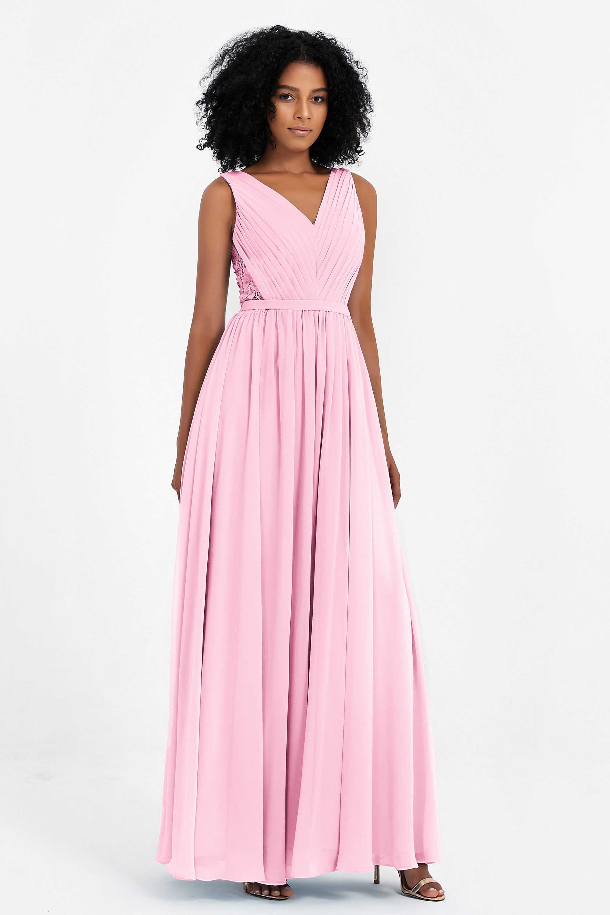 A Line Chiffon Bridesmaid Dress With Lace Ruched Sleeveless Formal Evening Prom Dresses