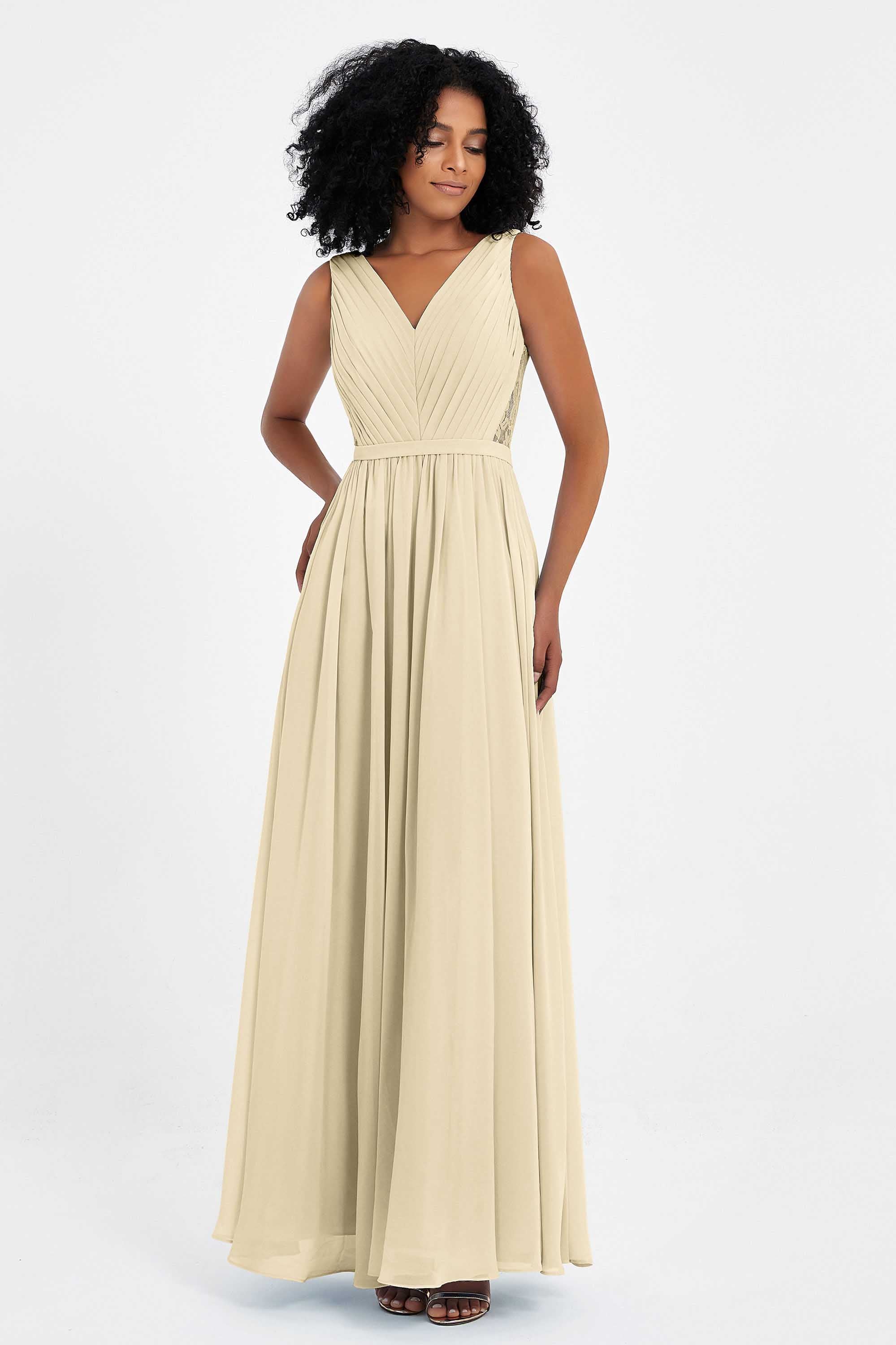 A Line Chiffon Bridesmaid Dress With Lace Ruched Sleeveless Formal Evening Prom Dresses
