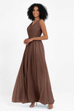 A Line Chiffon Bridesmaid Dress With Lace Ruched Sleeveless Formal Evening Prom Dresses