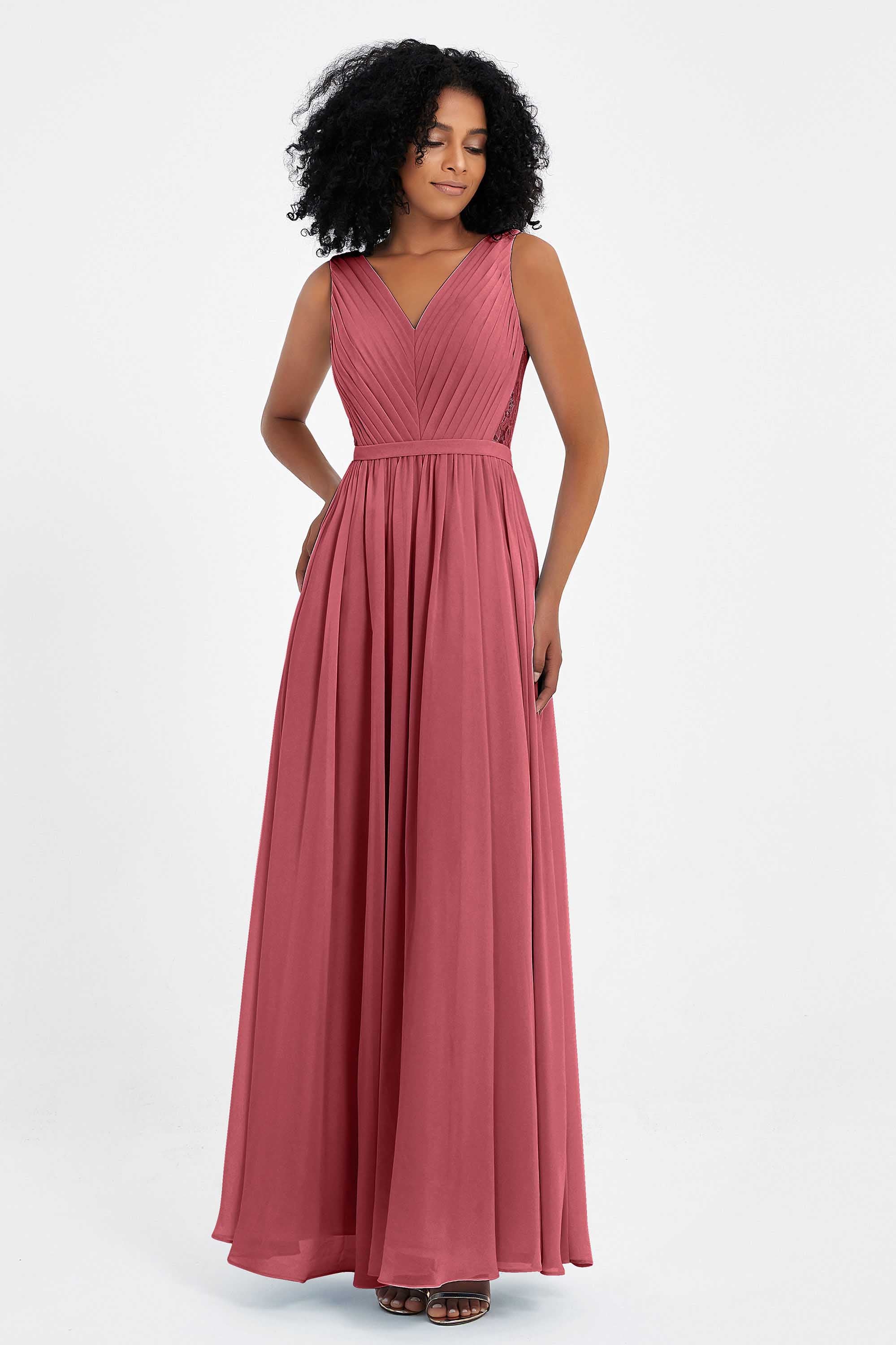A Line Chiffon Bridesmaid Dress With Lace Ruched Sleeveless Formal Evening Prom Dresses