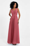A Line Chiffon Bridesmaid Dress With Lace Ruched Sleeveless Formal Evening Prom Dresses